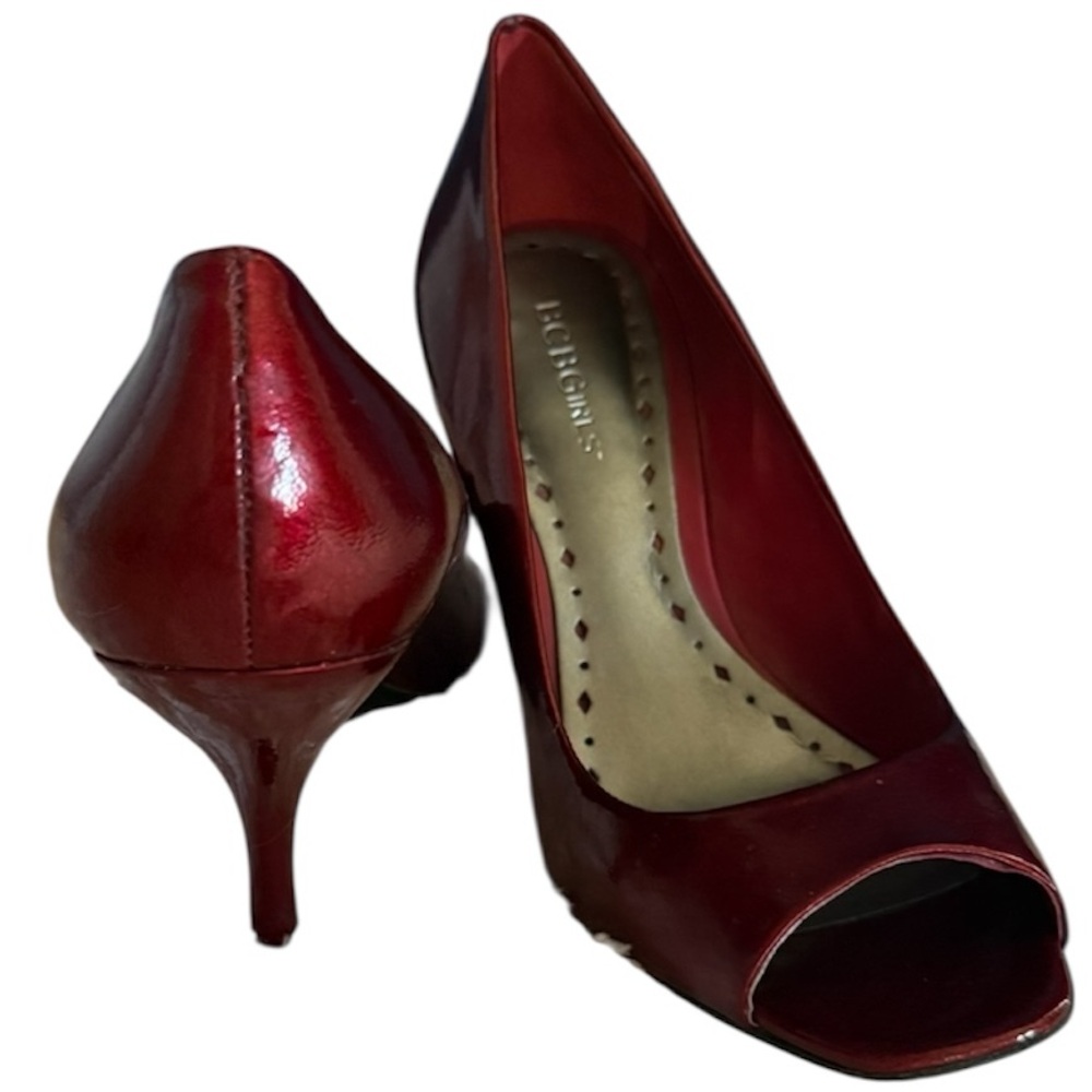 BCBGirls Ariel Ruby Red Tumbled Pearl Patent Leather Peep toe Stiletto Heels